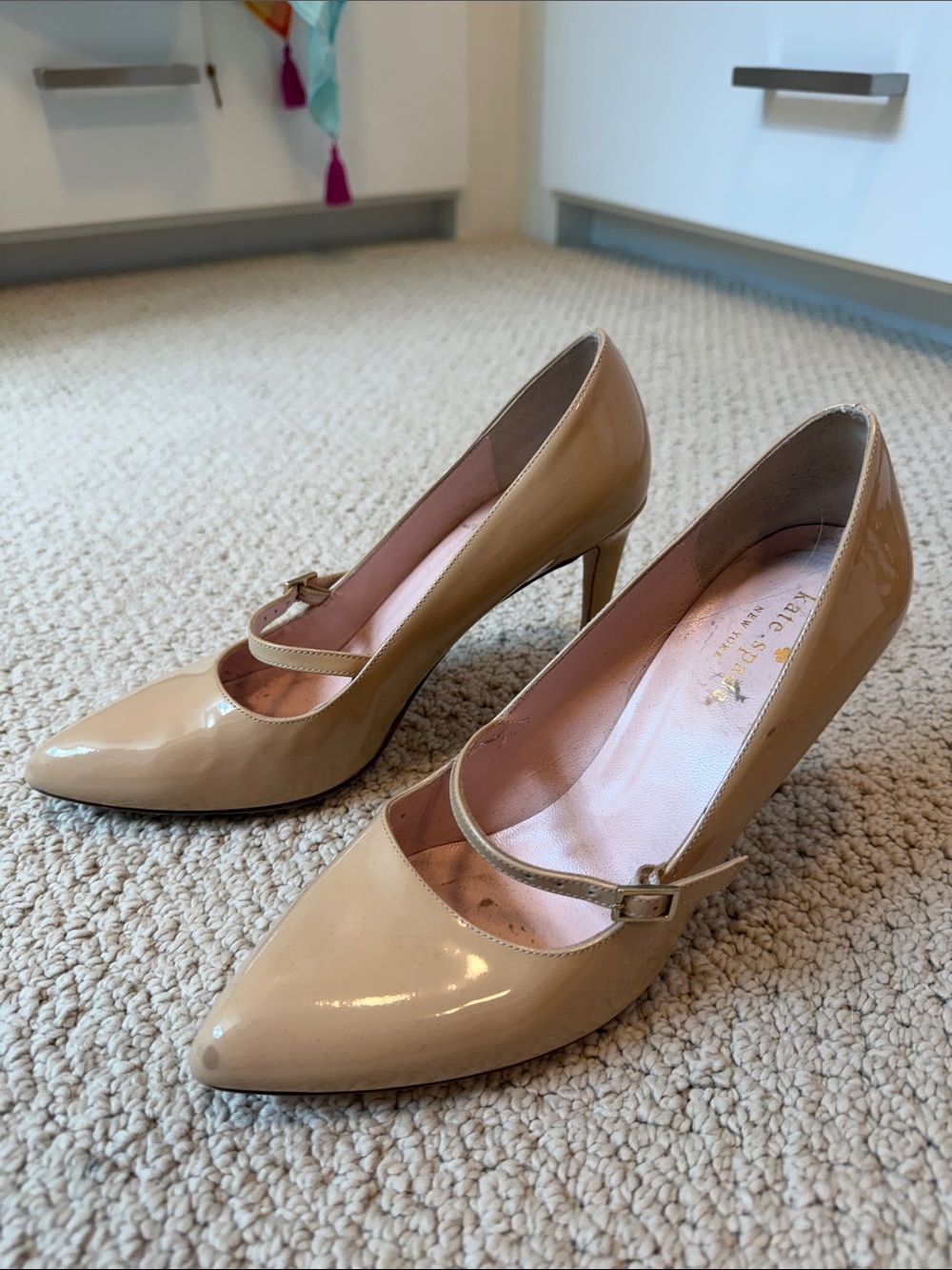 kate spade Beige Patent Mary Jane Pointed-Toe Heels